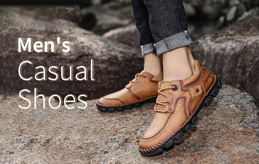 Men's Casual Shoes Summer Outdoor Shoes Tooling Shoes Handmade Leather Stitching Men's Large Size - Golden 40