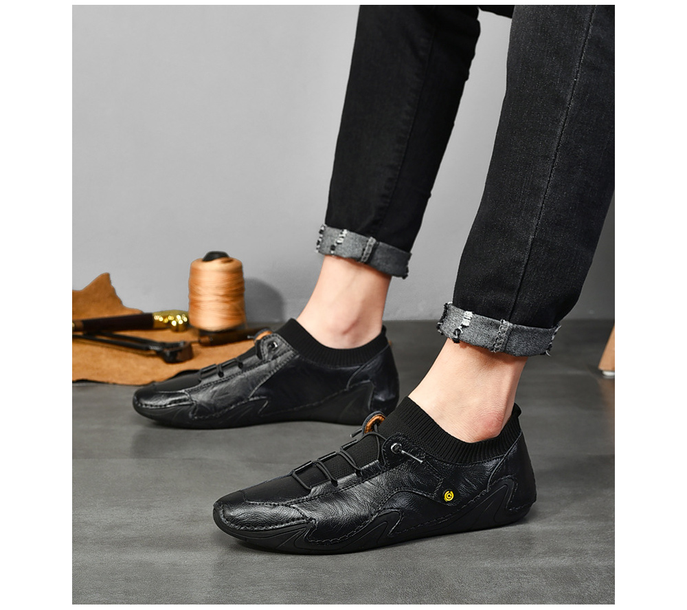 Korean Version Youth Trend Soft-soled Octopus Driving Men Flat Shoes Socks Mouth British Casual Leather Footwear - Black EU 46
