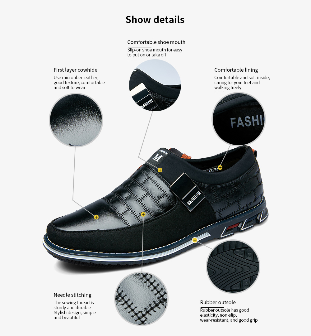 Men Casual Shoes First Layer Cowhide Leather Large Size Breathable- Black EU 45