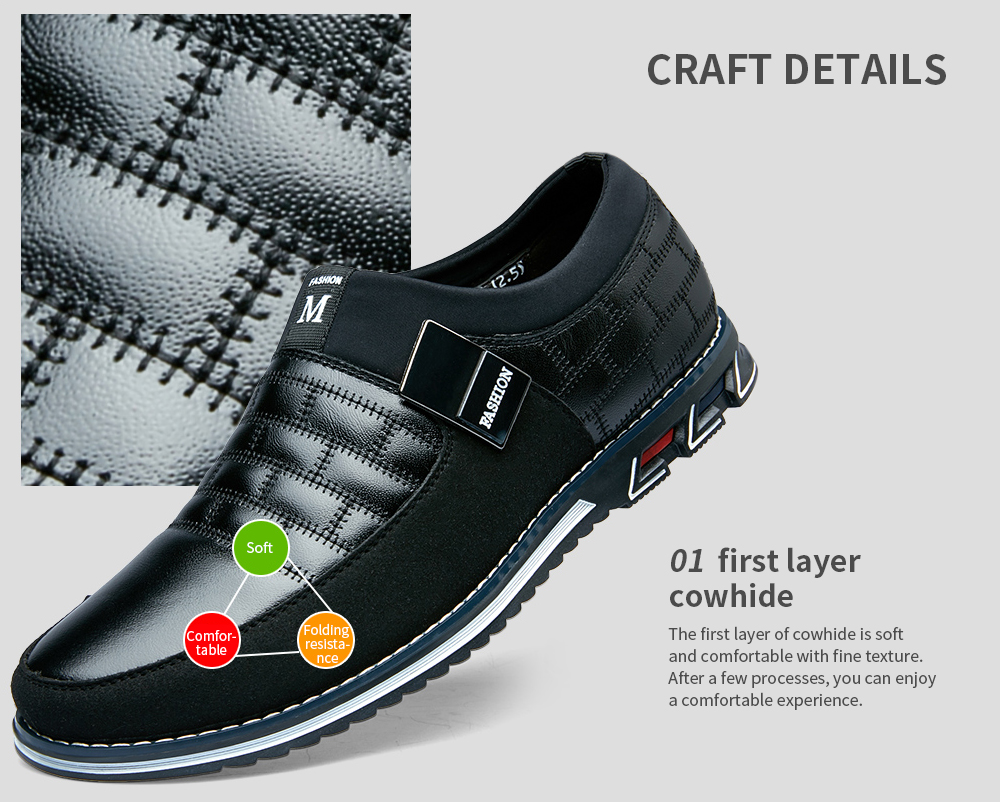 Men Casual Shoes First Layer Cowhide Leather Large Size Breathable- Black EU 45